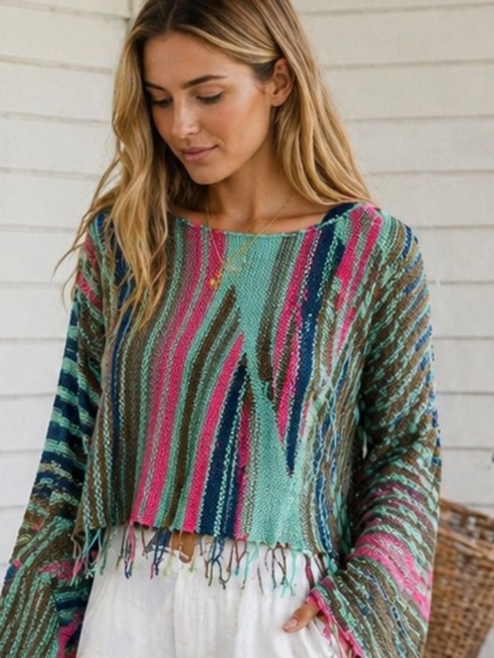 Coastal Striped Lightweight Sweater Fringe Hem Bell Sleeve Boho Beachy SZ Medium